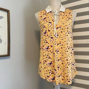 Modcloth Yellow Floral Chic Retro Peter Pan Collar Sleeveless Blouse Size Medium